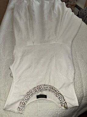 Strapless White Embroidered Dress with Beaded Accent